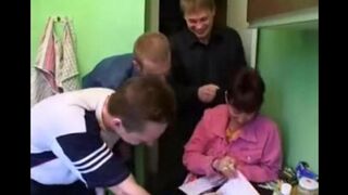 Russian mature gets fucked by three guys at once