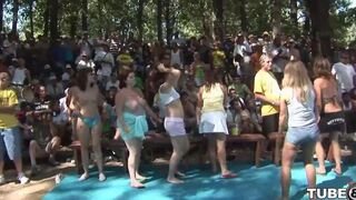 Fun of young people in the forest woods