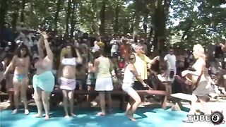 Fun of young people in the forest woods