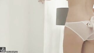 Skinny blonde teen masturbates her hairy cunt