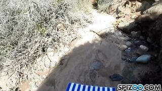 A girl with big natural tits has sex with a guy straight in nature