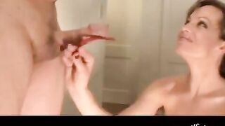 A girl with beautiful big tits shows her blowjob skills