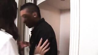 Dark-skinned babe is getting fucked by a reporter and Sasha Gray