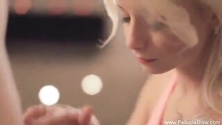 A sexy blonde makes a stunning blowjob in the studio, showcasing her skills!