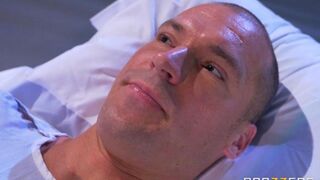 The nurse gave her breast to the patient to suck in a steamy encounter