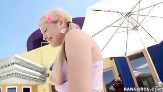 A blonde girl has a very long dick in her mouth, she doesn’t like to spit it out