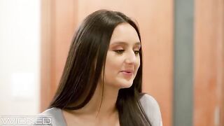 A beautiful brunette babe with big tits enjoys a hard doggystyle fuck