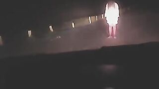 A hot blonde has a sexy fun at the crossroads in white