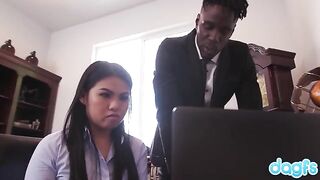 Asian star Cindy Starfall fucks with a black guy in an interview setting