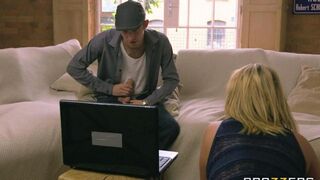 The depraved blonde mommy with big boobs gets fucked by her daughter’s BF on the couch