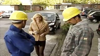 A girl in black pantyhose gets fucked on the set of a porn movie