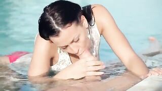 A stunning Russian woman has passionate sex right in the pool