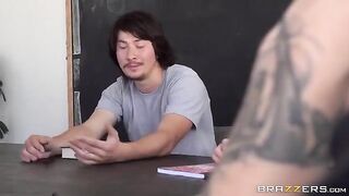 The guy fucked the girl, whose legs were tied up