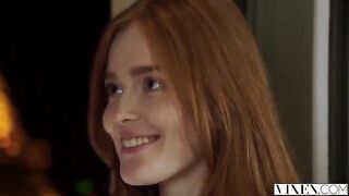 The guy thoroughly licked the red-haired girl's cap