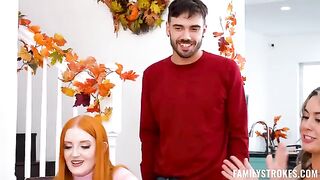 A Thanksgiving Tie Breaker - awesome FFM threesome sex on the couch