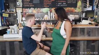 Girl with big boobs becomes a barista in coffee shop