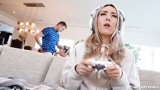 A hot nerd with glasses fucks her boyfriend when he plays video games
