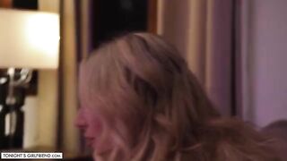 Busty porn star Kayley Gunner wears sexy stockings for foot job with her fan