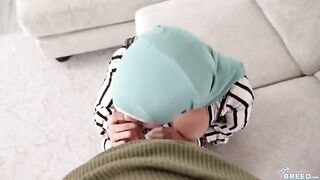 A man with a hijab began to play with a girl’s tits on the couch