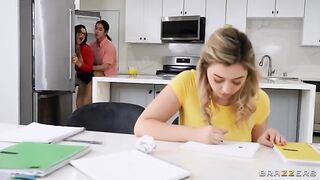 A hot threesome with a tutor and big natural tits