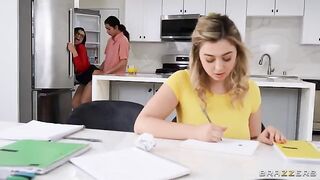 A hot threesome with a tutor and big natural tits