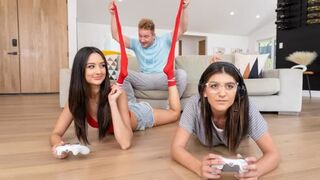 A hot girl is fucking her boyfriend in the gamer room