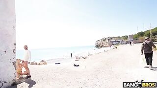 Bald man fucks blonde in crazy anal poses on the public beach