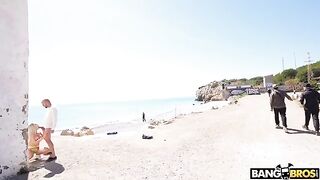 Bald man fucks blonde in crazy anal poses on the public beach