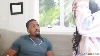 Two girlfriends satisfy a guy in an interracial threesome