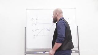 It's all over our ass again. A sexy brunette office scene with double penetration