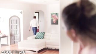A wife caught her husband jerking off with a stunning brunette