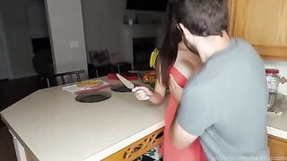You should not miss this hot babe sucking big tits before dinner