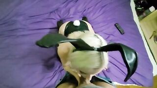 A fine girl in a bunny suit does deep blowjob