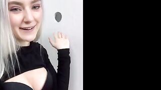 Cute teen got her face covered with cum through a glory hole