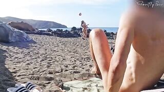 Two girls got caught for flashing on a nude beach, and they sucked his cock