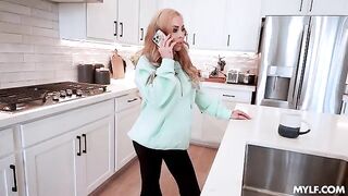 The bimbo is in a good mood and jumps on the bed