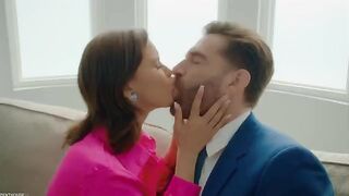 The tongue between the legs, a beautiful woman in clothes gets licks