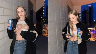A cute girl showed more than just her tits for the energy drink advertisement