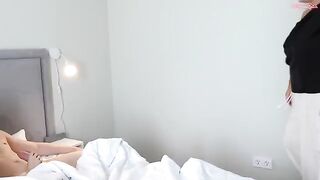 A cute girl bounces on a guy's dick with her stepmom's help