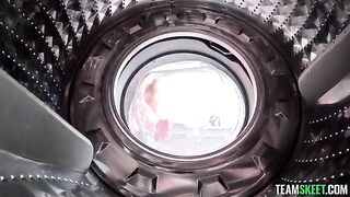 A blonde gets vibration from a faulty washing machine in her clothes