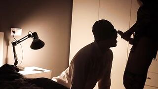 The girl controls the guy's ejaculation using a strapon and her hands