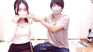 The girl is tied up with ropes and gets fucked by a vibrator and a cum shot machine