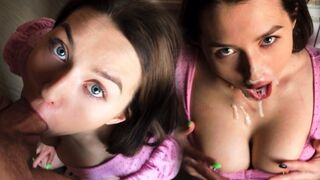 A cute girl with big natural tits made a slobbering blowjob