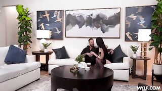 A beautiful brunette MILF gets her pussy licked by two guys