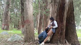 A hot girl has sex with a man in the forest, showcasing college uniform allure