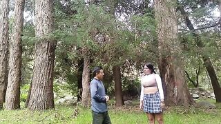 A hot girl has sex with a man in the forest, showcasing college uniform allure