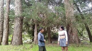 A hot girl has sex with a man in the forest, showcasing college uniform allure