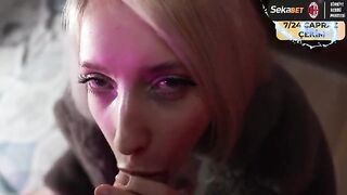 A hot woman has sex with a man and makes him cum on her chin