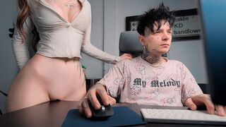 The girl is very horny and rubs her pussy on the table