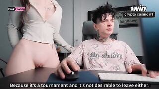 The girl is very horny and rubs her pussy on the table